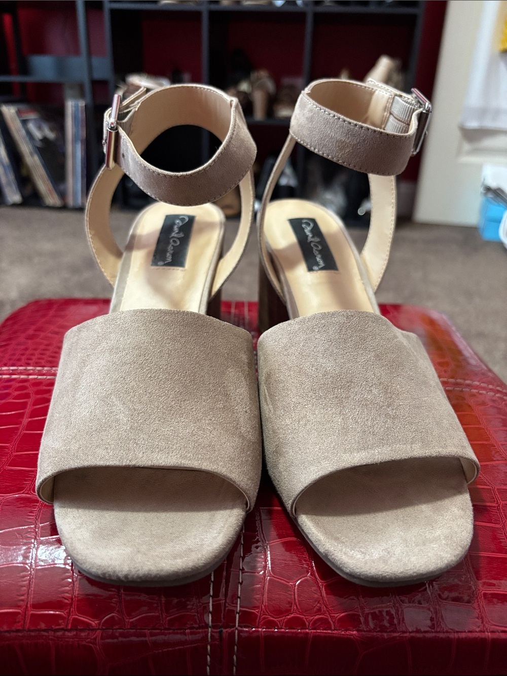Ankle-Strap Block Heel Sandals in Taupe Suede